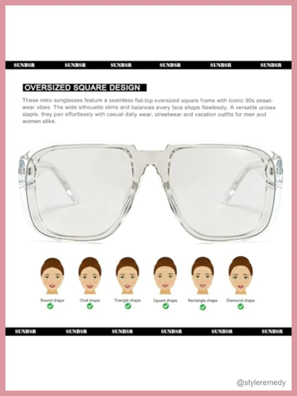 Oversized Square Sunglasses UV400 Protection Trendy 90s Unisex Shades